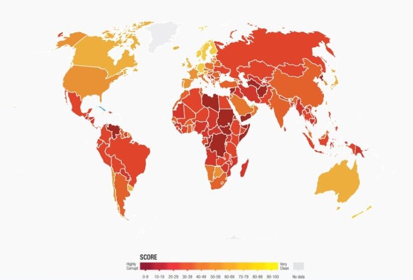 Corrupción en el mundo. Tomado de Transparencia Internacional.
