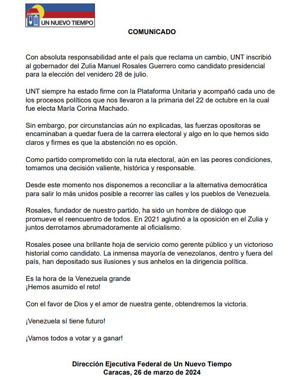 Comunicado sobre la inscripción del gobernador Manuel Rosales como candidato a la Presidencia de la República.