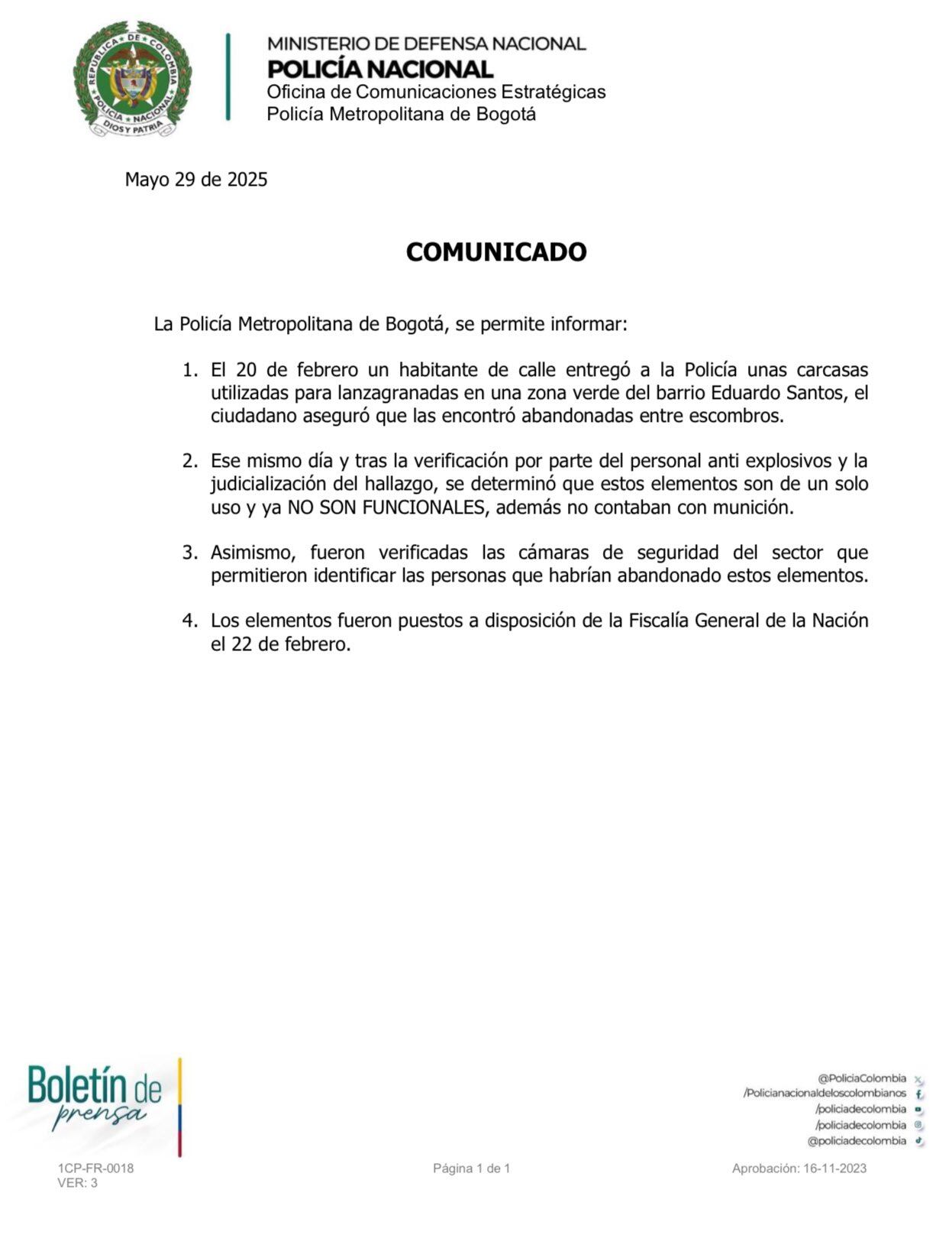 Este fue el comunicado de la Policía.