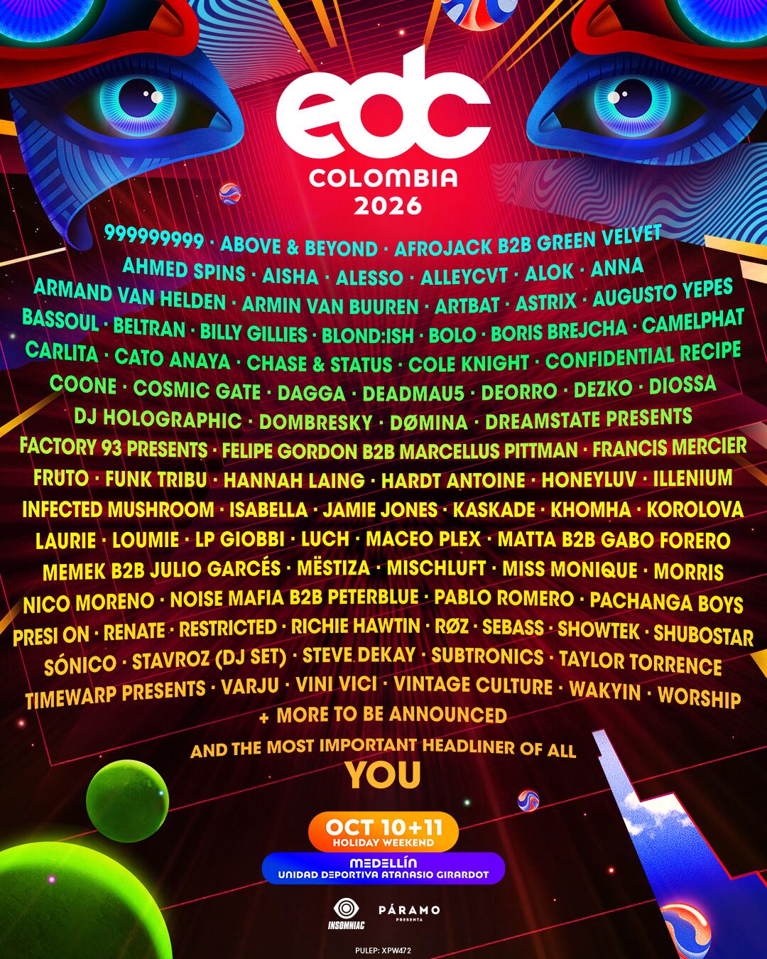 Afrojack B2B Green Velvet, Alesso, Armin van Buuren, Deadmau5, Funk Tribu, Illenium, Kaskade, y más artistas se presentarán en el Unidad Deportiva Atanasio Girardot.