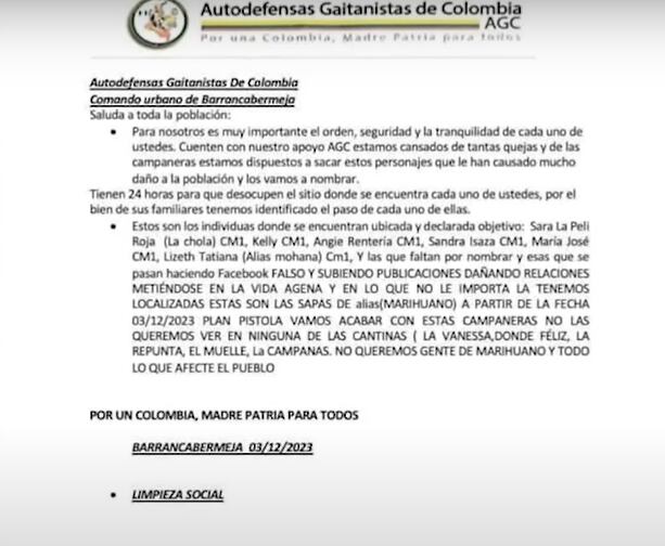 Seis mujeres fueron amenazadas mediante este panfleto.