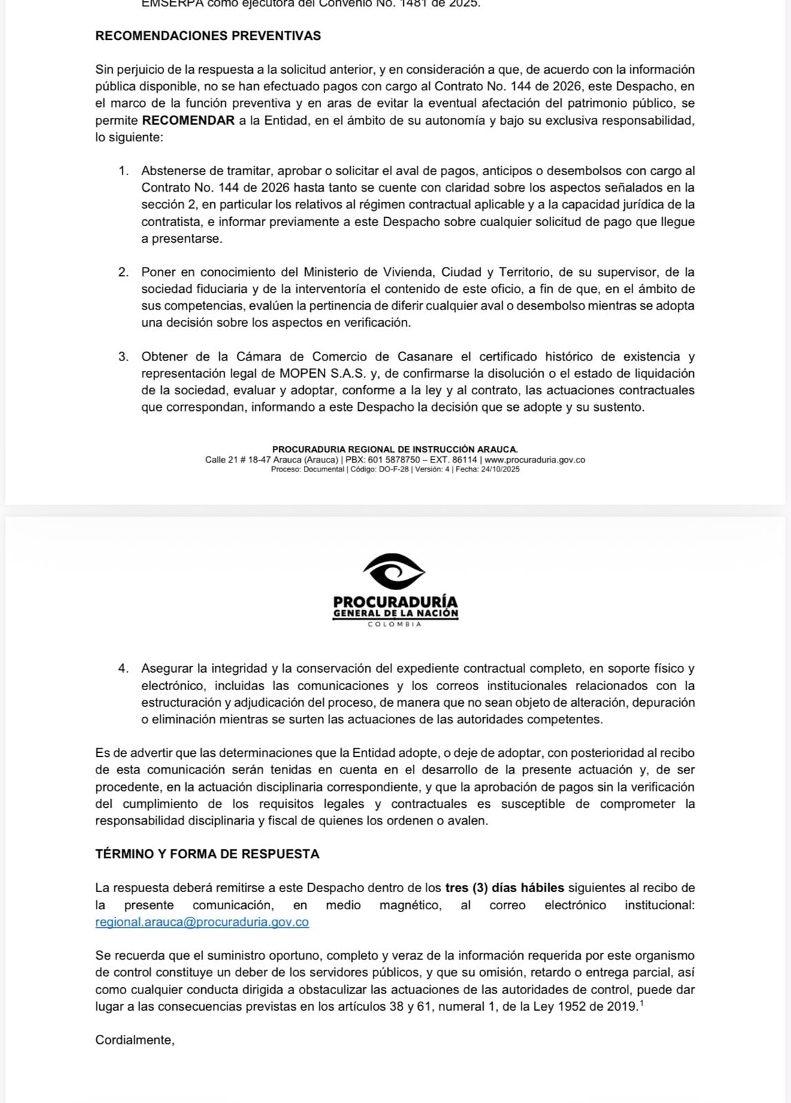 Documento de la Procuraduría General.