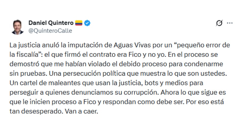Trino de Daniel Quintero compartido el 31 de agosto de 2026.