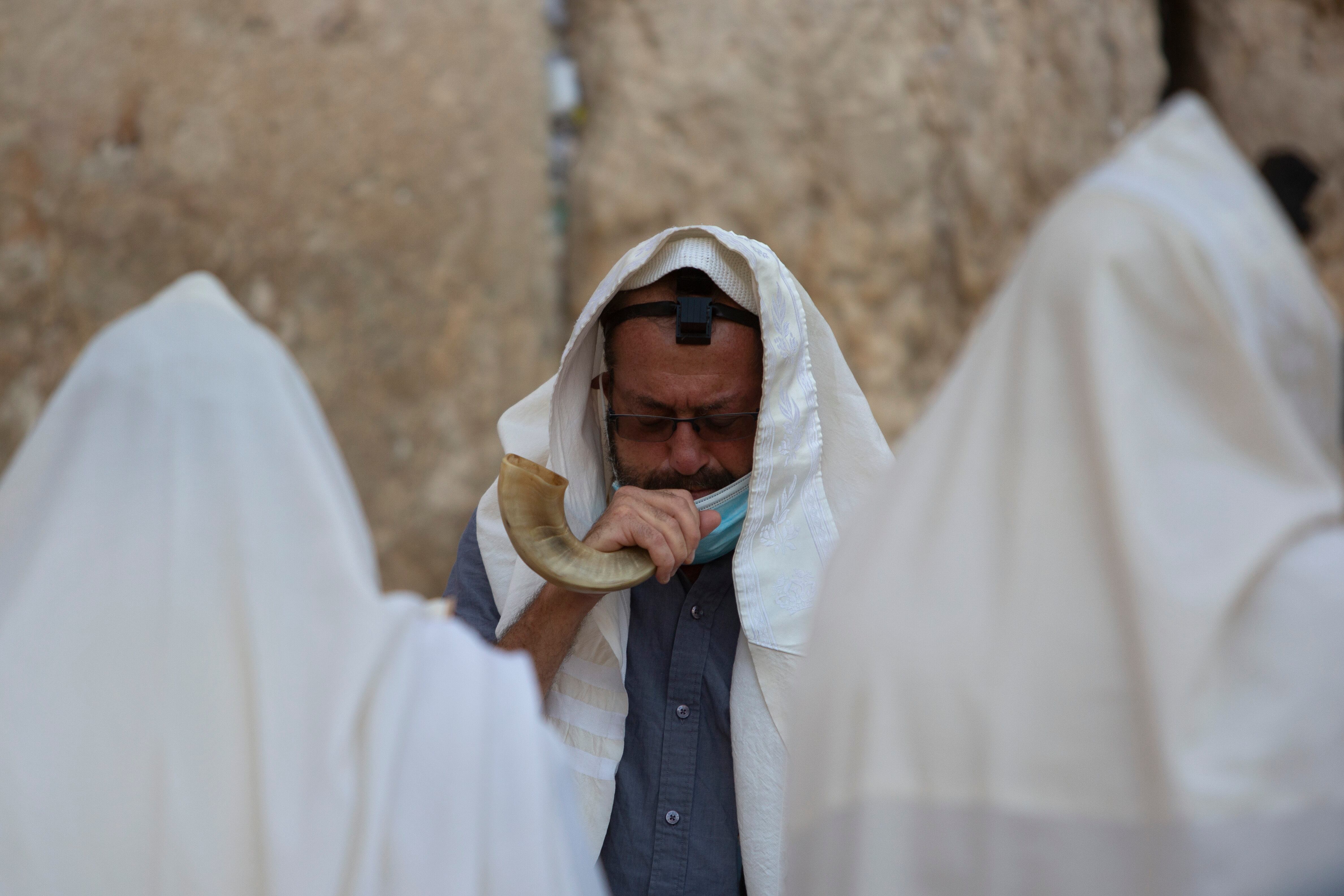 Ultra-Orthodox Jewish men pray ahead of the Jewish new year at the Western Wall, the holiest site where Jews can pray in Jerusalem's old city