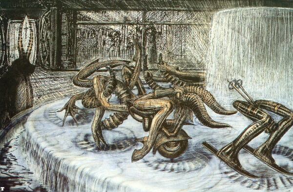 Hans Ruedi Giger inició su carrera como diseñador de interiores, su pasión por el arte comenzó en 1986. Esta imagen corresponde a la Fuente del Zodiaco.   