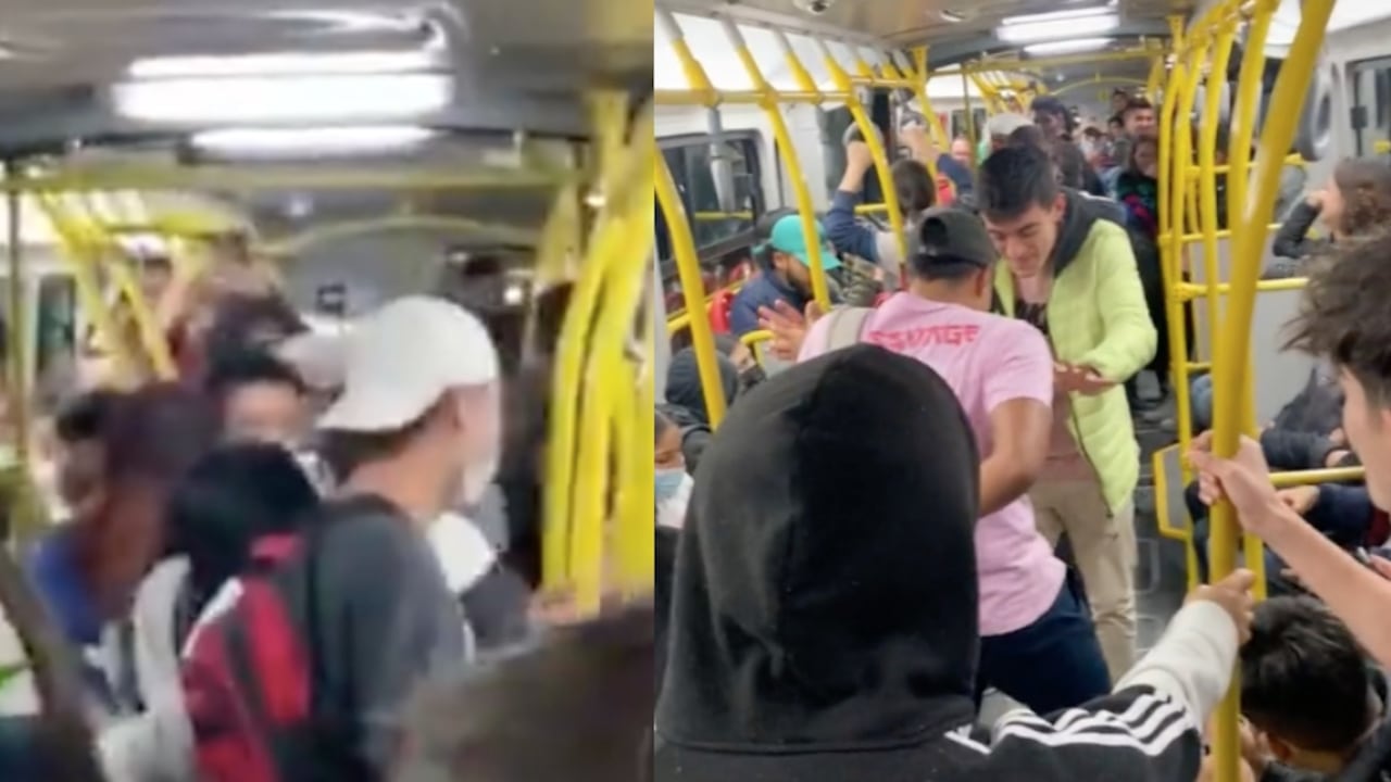 Momento exacto en que los pasajeros bailan en los pasillos del bus de TransMilenio
