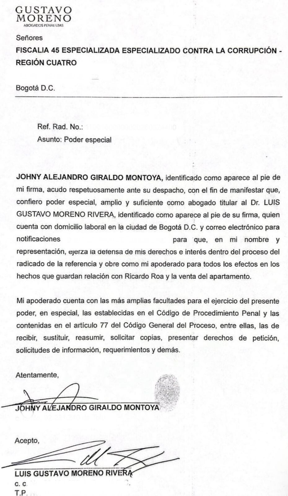 Gustavo Moreno será el abogado de Johny  Giraldo, quien tiene graves acusaciones contra el presidente de Ecopetrol, Ricardo Roa.