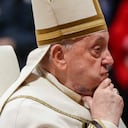 FILE - Pope Francis reacts during a solemn mass where he made 21 new cardinals in St. Peter's Basilica at The Vatican, Saturday, Dec. 7, 2024. (AP Photo/Gregorio Borgia, File)