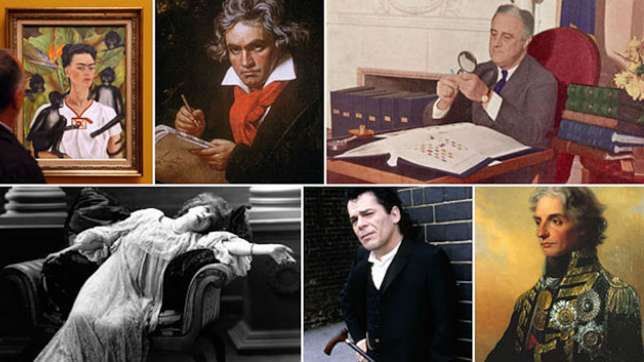 La artista Frida Kahlo, el compositor Ludwig van Beethoven, el presidente de EE.UU. Franklin D. Roosevelt, el almirante Horatio Nelson, el cantante Ian Dury y la actriz Sarah Bernhardt.