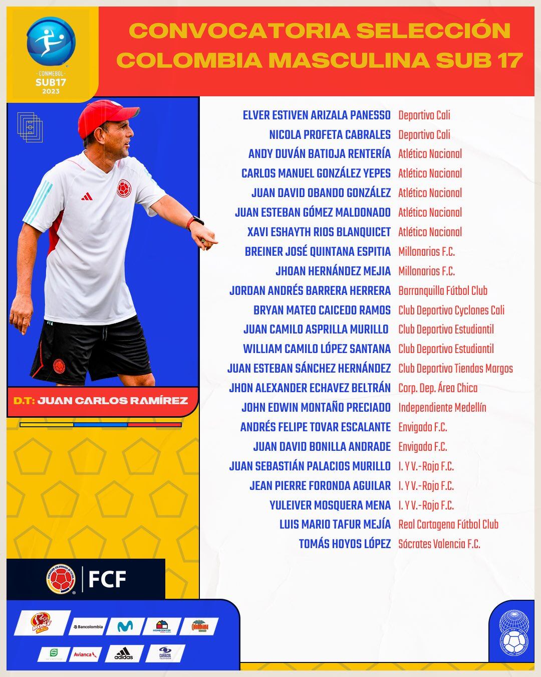 La FCF anuncia los convocados a la Selección Colombia para el Sudamaricano Sub 17 en Ecuador