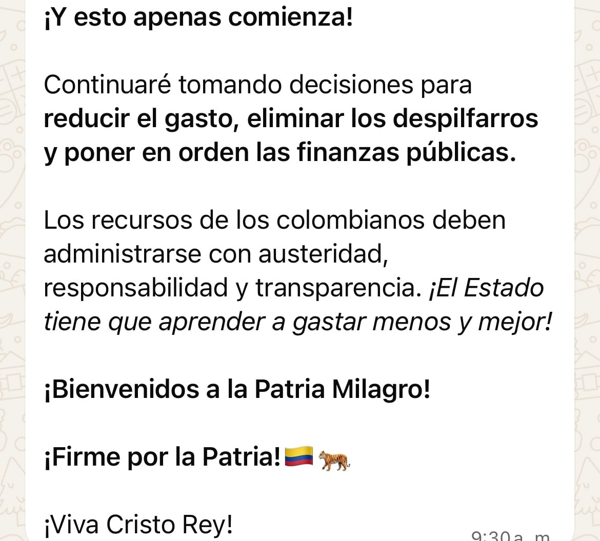 Mensaje del presidente Abelardo De La Espriella en canal de WhatsApp
