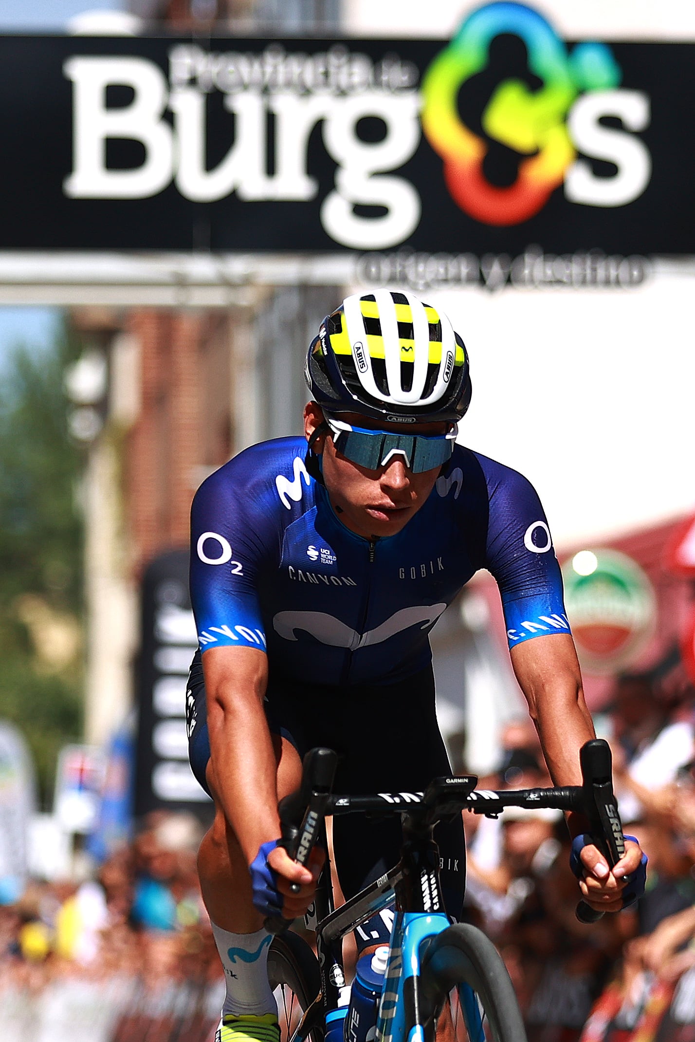 VILLARCAYO, SPAIN - AUGUST 17: Einer Augusto Rubio Reyes of Colombia and Movistar Team crosses the finish line during the 45th Vuelta a Burgos 2023, Stage 3 a 183km stage from Sargentes de la Lora to Villarcayo on August 17, 2023 in Villarcayo, Spain. (Photo by Gonzalo Arroyo Moreno/Getty Images)