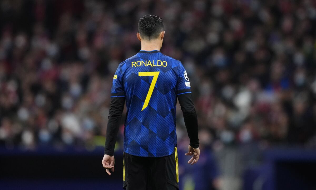 Manchester United's Cristiano Ronaldo during the Champions League, round of 16, first leg soccer match between Atletico Madrid and Manchester United at the Wanda Metropolitano stadium in Madrid, Spain, Wednesday, Feb. 23, 2022. (AP/Manu Fernandez)