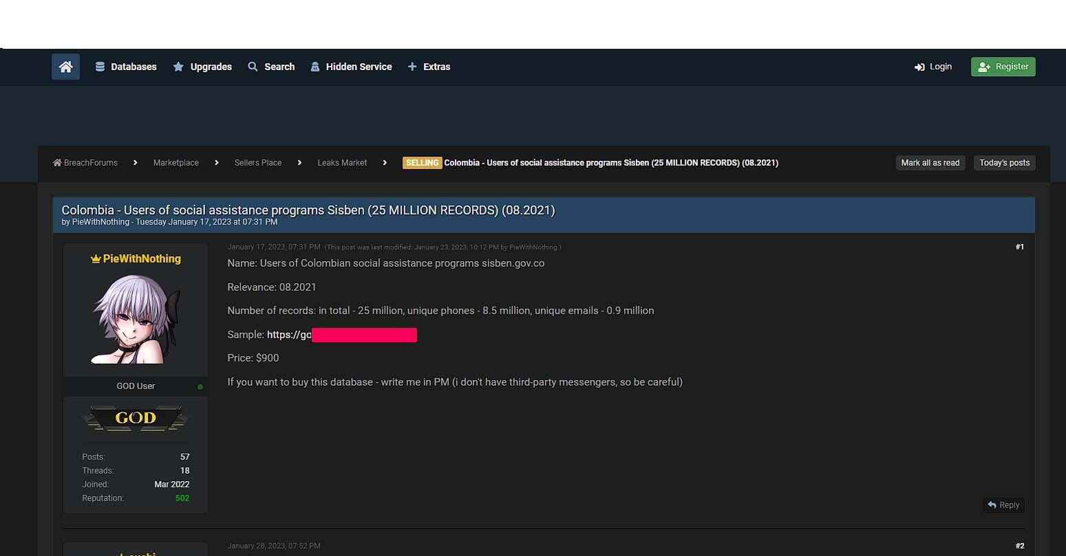 Foro en el que un hacker vende base de datos del Sisbén