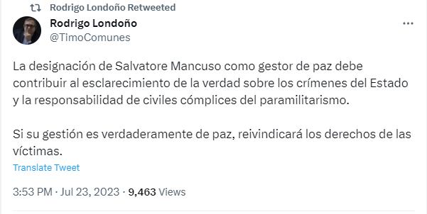 Rodrigo Londoño habló sobre el nombramiento de Mancuso como "gestor de paz".