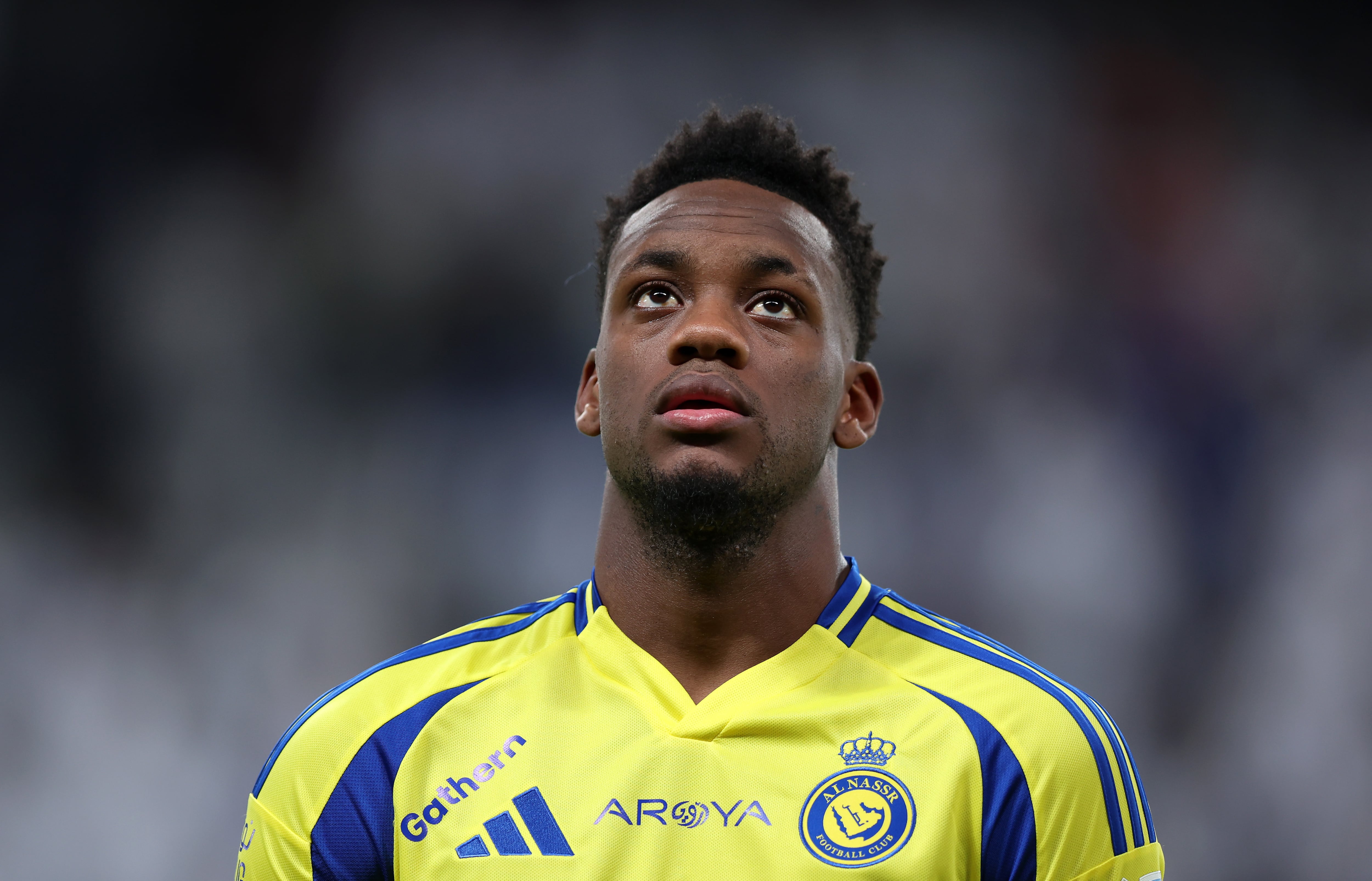 RIYADH, SAUDI ARABIA - APRIL 04: Jhon Duran of Al Nassr looks on prior to the Saudi Pro League match between Al Hilal v Al Nassr in the Kingdom Arena on April 04, 2025 in Riyadh, Saudi Arabia. (Photo by Yasser Bakhsh/Getty Images)