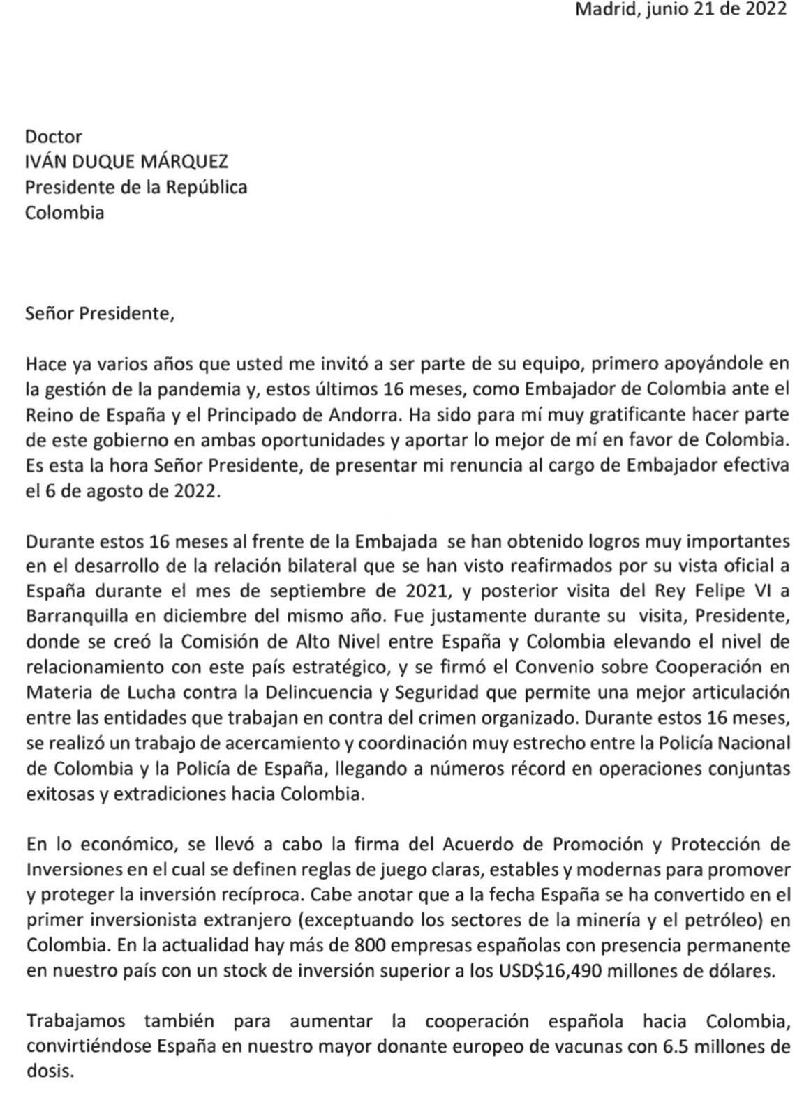 Carta renuncia embajador de Colombia en España