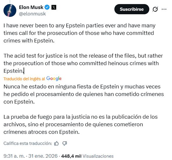 “Nunca he estado en ninguna fiesta de Epstein y muchas veces he pedido el procesamiento de quienes han cometido crímenes con Epstein”, afirmó Musk.