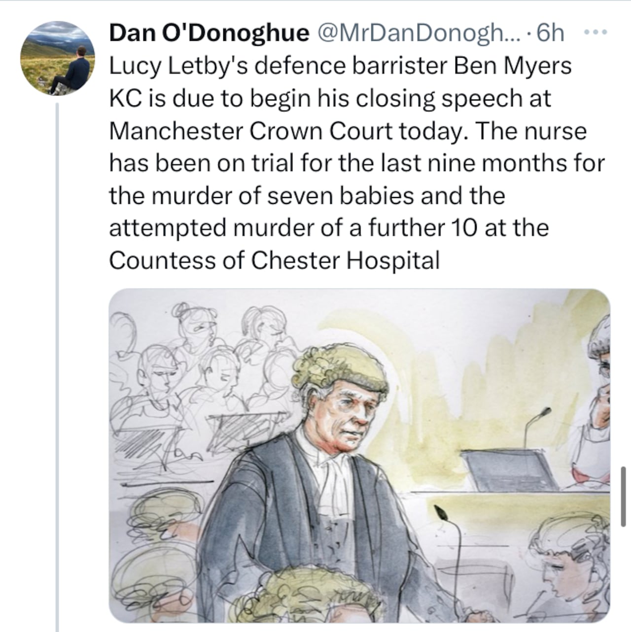 El abogado defensor de Lucy Letby, Ben Myers KC, comenzará hoy su discurso de clausura en el Manchester Crown Court. La enfermera ha sido juzgada durante los últimos nueve meses por el asesinato de siete bebés y el intento de asesinato de otros 10 en el Hospital Countess of Chester.