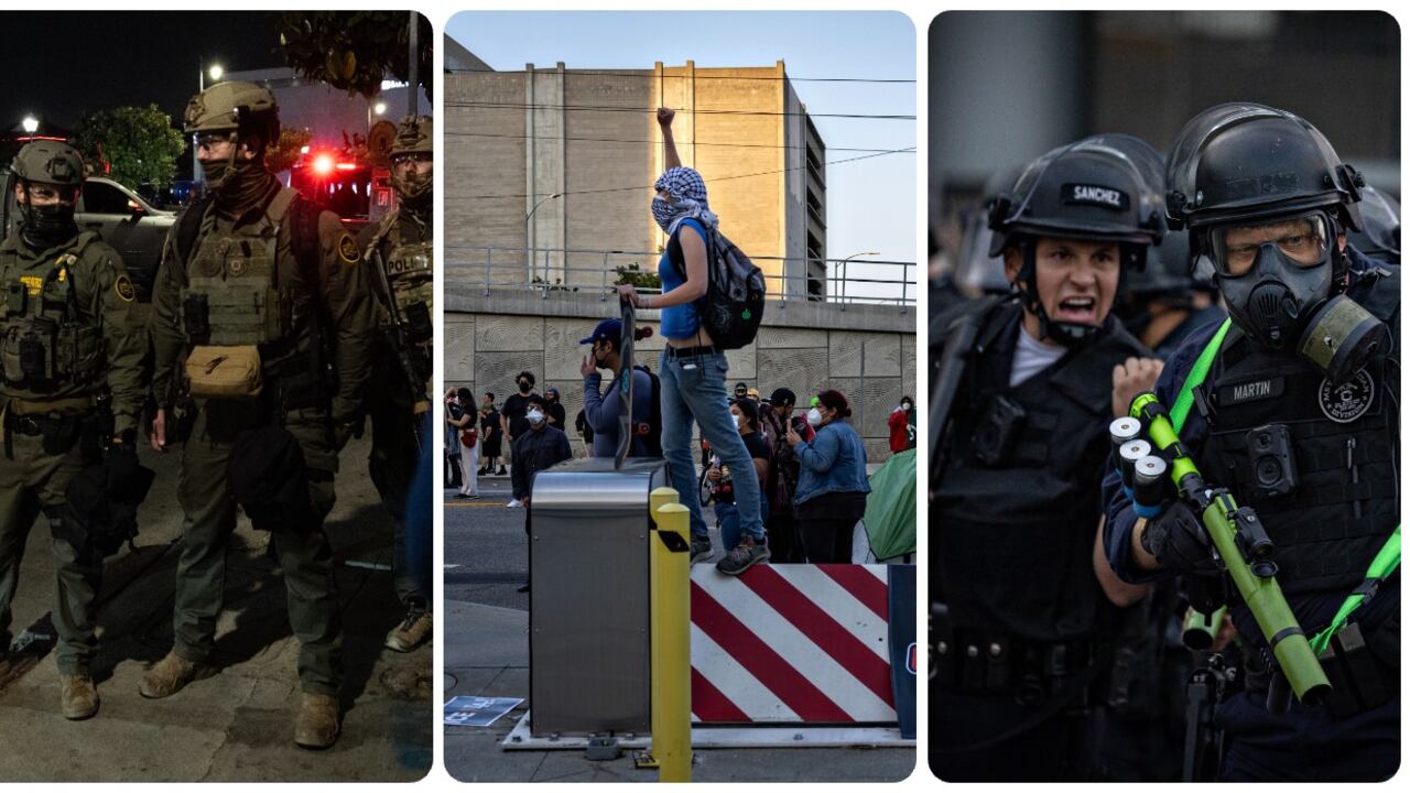 Decenas de manifestantes gritaban arengas mientras la policía trataba de contener la protesta.