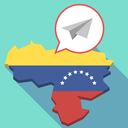 Ilustración de un mapa de Venezuela de larga sombra, su bandera y un globo cómico con un avión de papel viaja venezuela avion