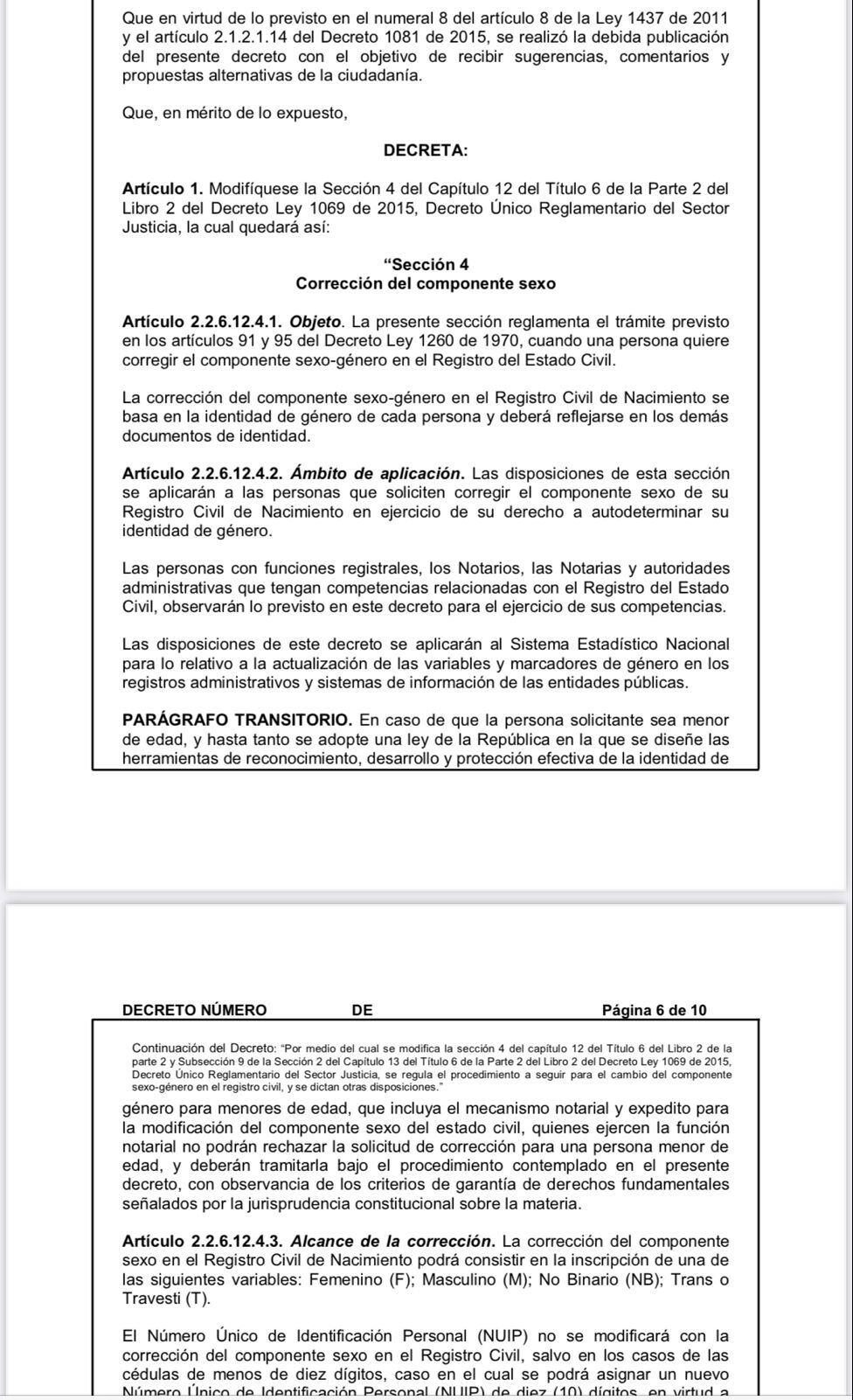 Borrador de decreto que modificara el sexo en el documento de identidad.