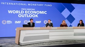 (L/R) Jose Luis De Haro, IMF Communications Officer, Pierre-Olivier Gourinchas, Director of IMF Research Department, Petya Koeva Brooks, Deputy Director of IMF Research Department, and Deniz Igan, Division Chief of IMF Research Department, partcipate in an economic outlook briefing during the 2026 IMF and World Bank Group Spring Meetings in Washington, DC, on April 14, 2026.