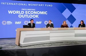 (L/R) Jose Luis De Haro, IMF Communications Officer, Pierre-Olivier Gourinchas, Director of IMF Research Department, Petya Koeva Brooks, Deputy Director of IMF Research Department, and Deniz Igan, Division Chief of IMF Research Department, partcipate in an economic outlook briefing during the 2026 IMF and World Bank Group Spring Meetings in Washington, DC, on April 14, 2026.