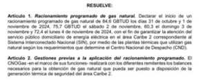 Borrador de resolución para racionamiento programado de gas