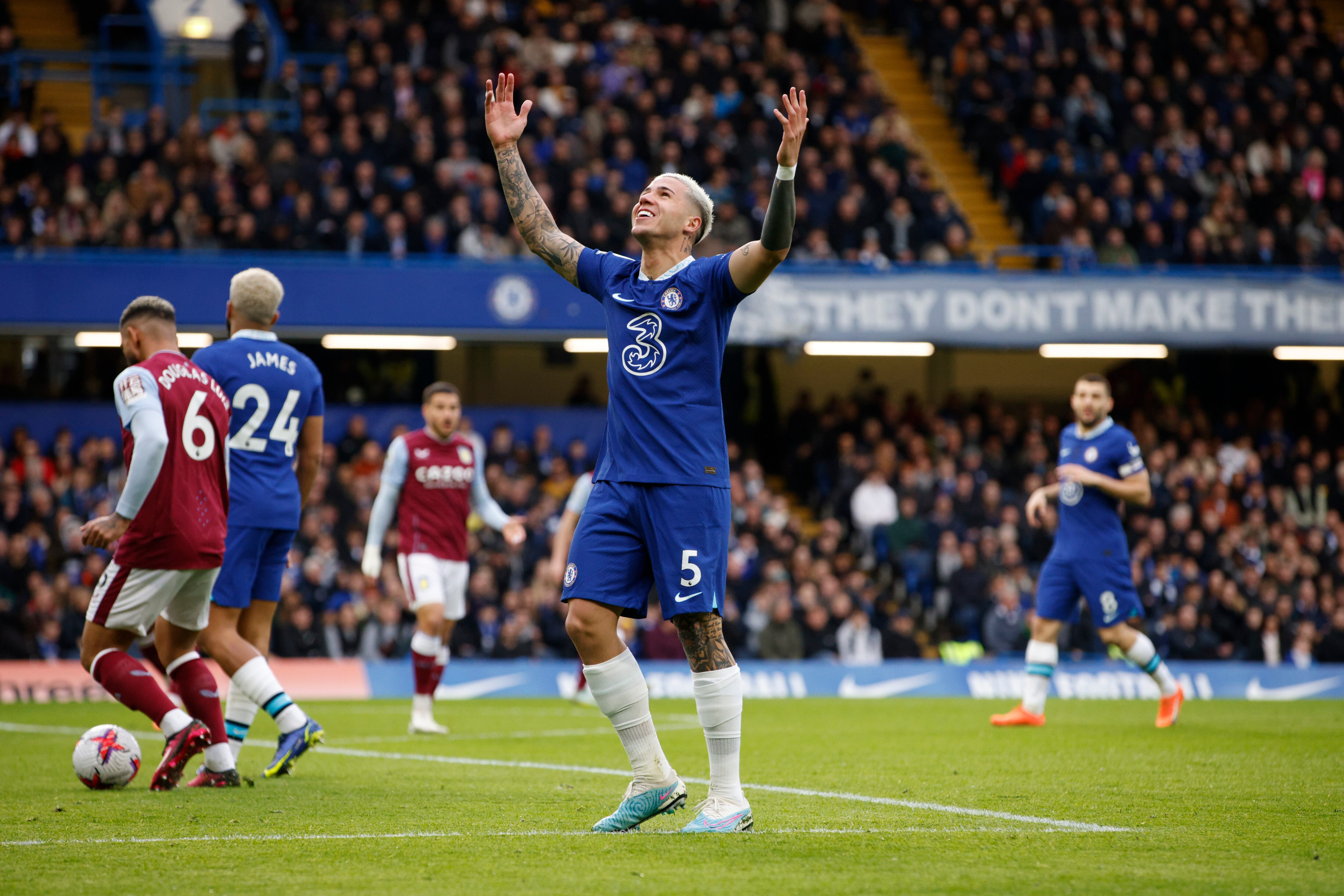 Chelsea's Enzo Fernandez gestures during the English Premier League soccer match between Chelsea and Aston Villa at Stamford Bridge stadium in London, Saturday, April 1, 2023. (AP Photo/David Cliff)