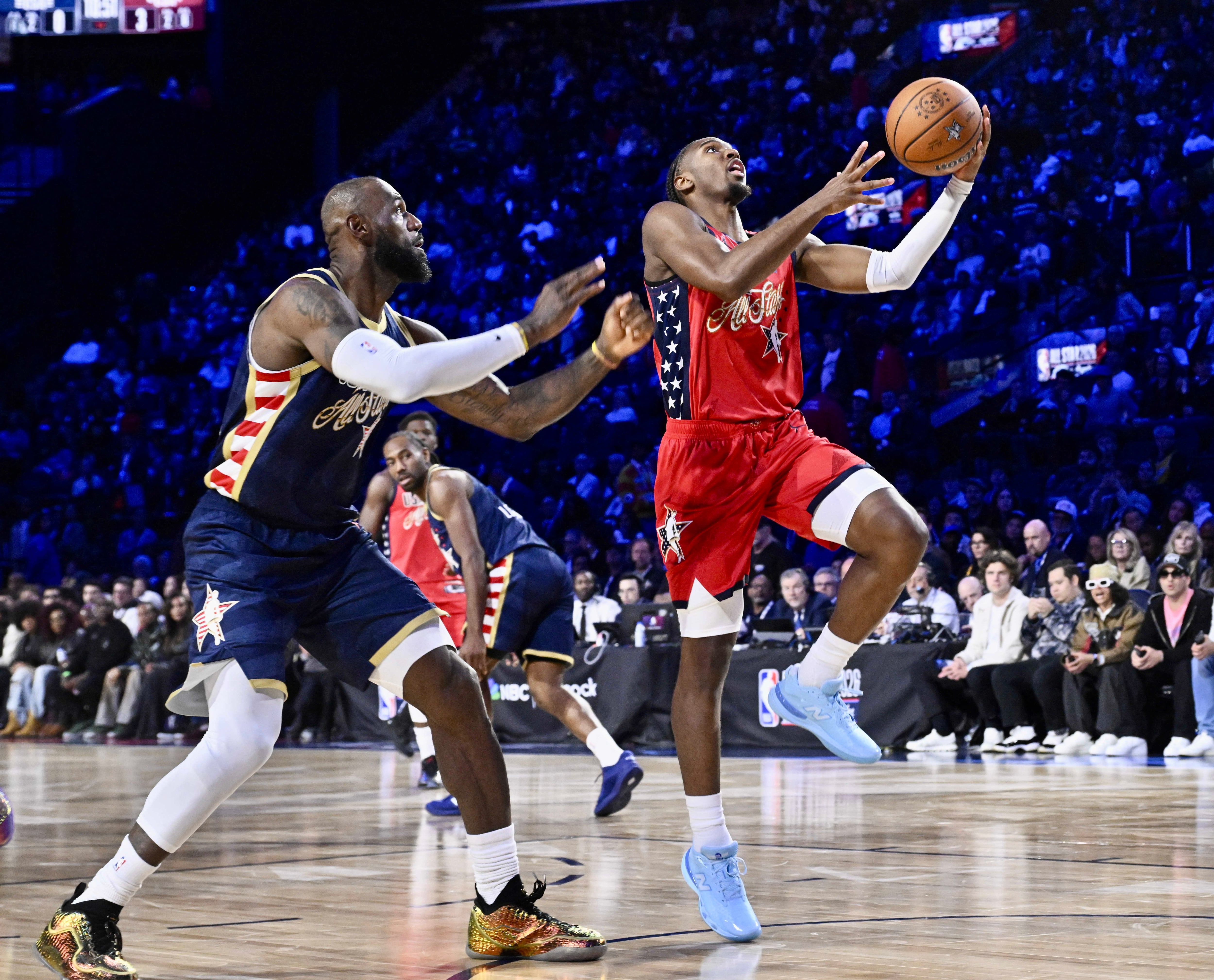 Inglewood, CA - February 15: Tyrese Maxey of Team USA Stars drives to the basket against LeBron James of Team USA Stripes in the final game of the 75th NBA All-Star game at Intuit Dome in Inglewood on Sunday February 15, 2026. (Photo by Keith Birmingham/MediaNews Group/Pasadena Star-News via Getty Images)
