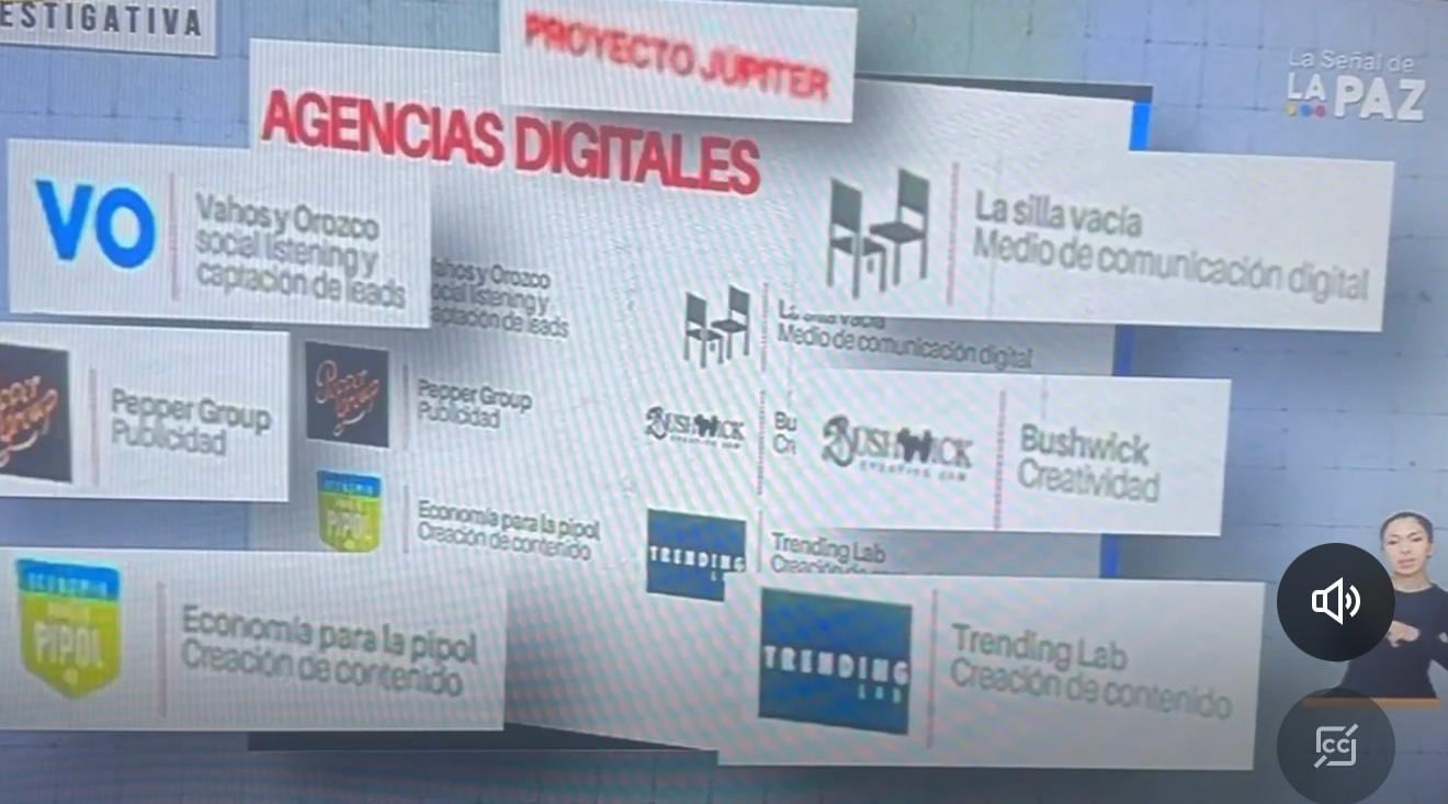 Revista Raya divulgó esta diapositiva del excanciller Jaime Bermúdez, donde La Silla Vacía es referenciada como una de las "agencias digitales".