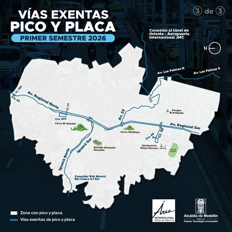 Estas son las vías que están exentas del pico y placa en Medellín durante el primer semestre del 2026.
