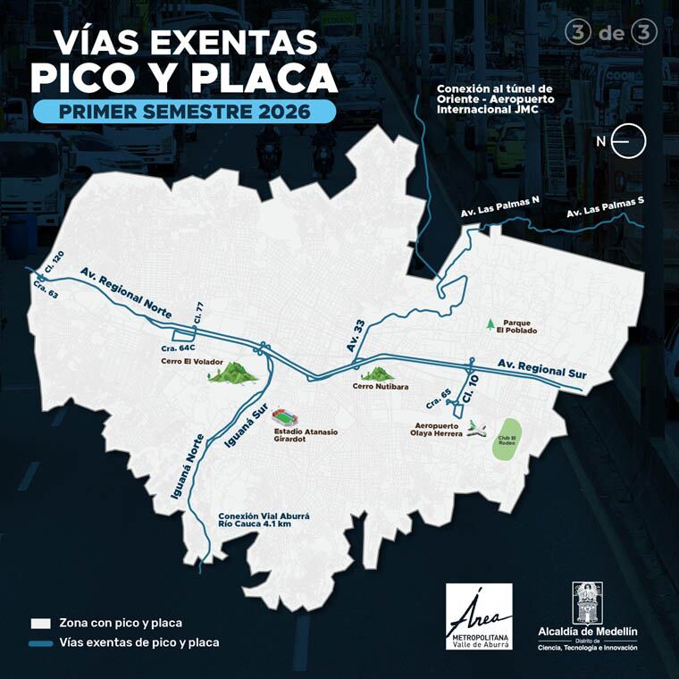 Estas son las vías que están exentas del pico y placa en Medellín durante el primer semestre del 2026.