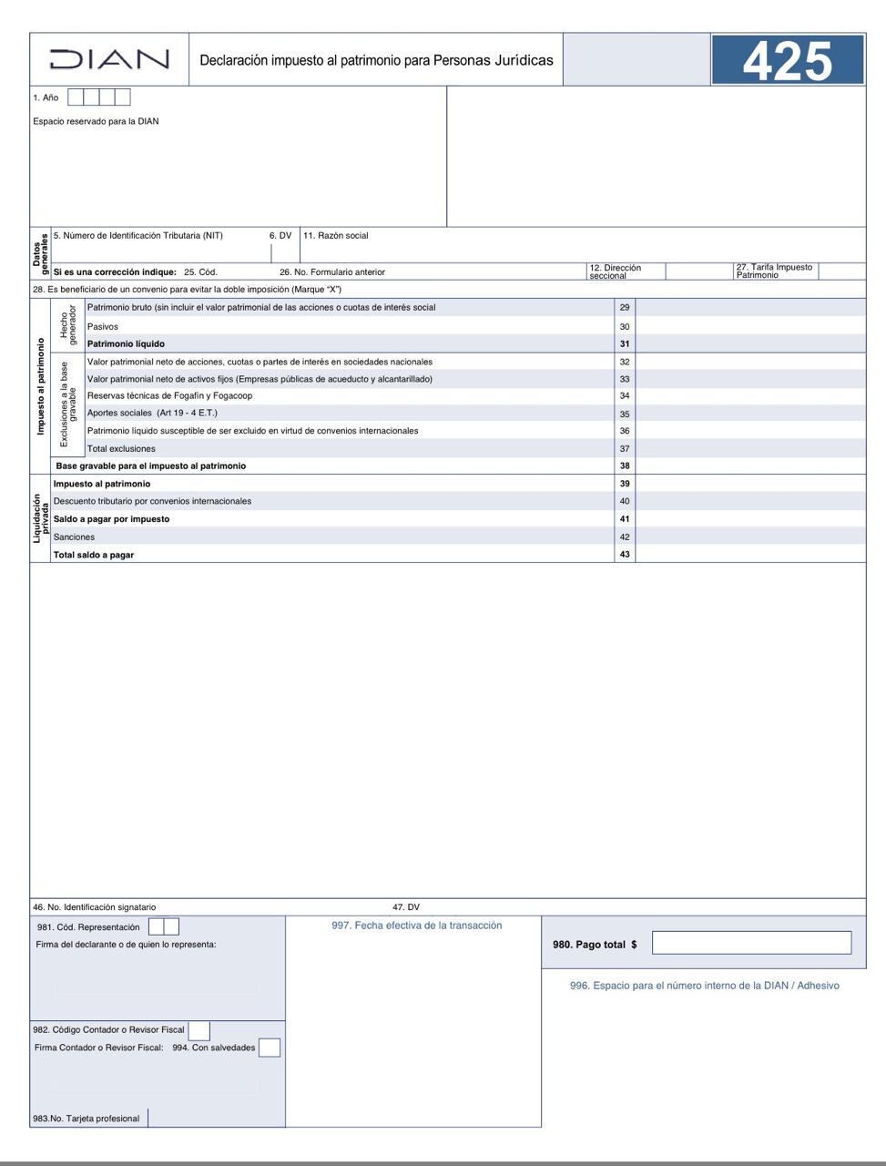 Formulario para declaración y pago del impuesto al patrimonio de empresas en 2026