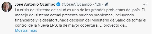 El exministro de Hacienda José Antonio Ocampo se refirió a la crisis del sistema de salud en Colombia.