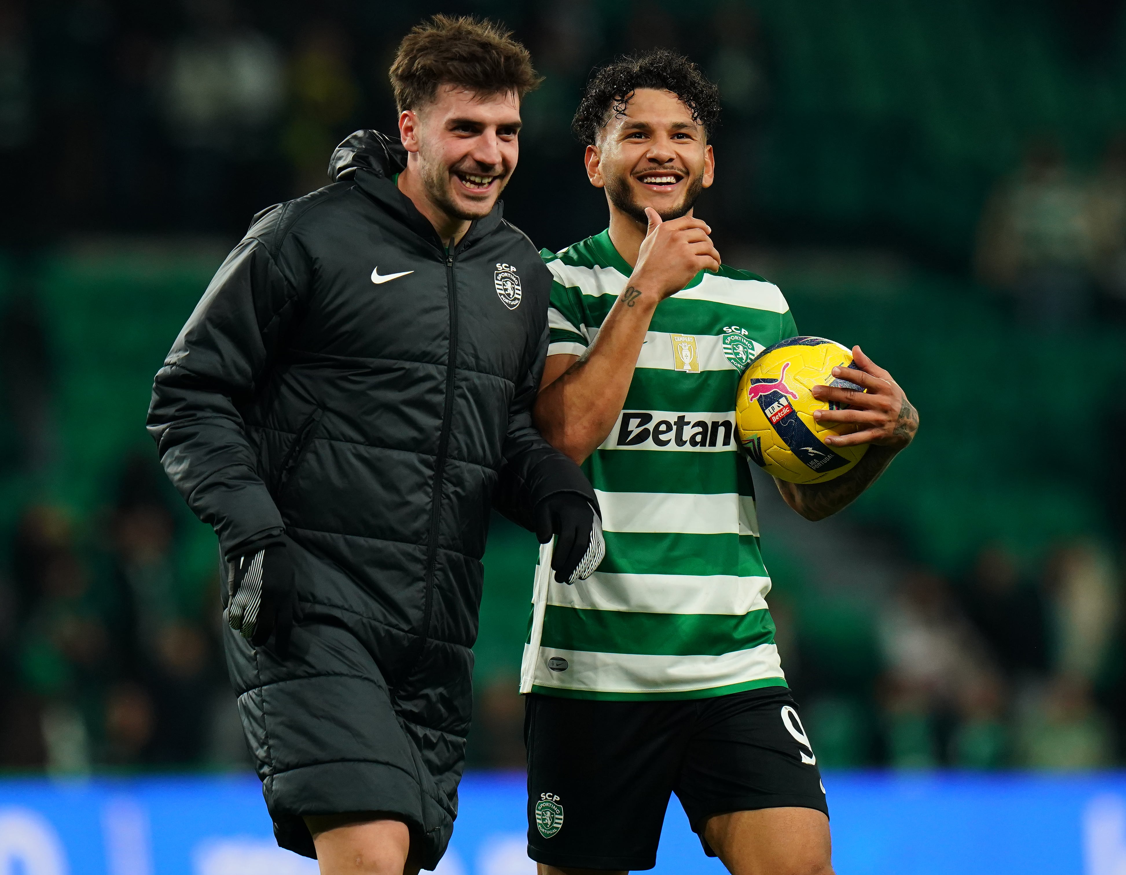 LISBON, PORTUGAL - DECEMBER 28: Goal scorer and man of the match Luis Suarez of Sporting CP (R) with teammate Fotis Ioannidis of Sporting CP at the end of the Liga Portugal Betclic match between Sporting CP and Rio Ave FC at Estadio Jose Alvalade on December 28, 2025 in Lisbon, Portugal. (Photo by Gualter Fatia/Getty Images)