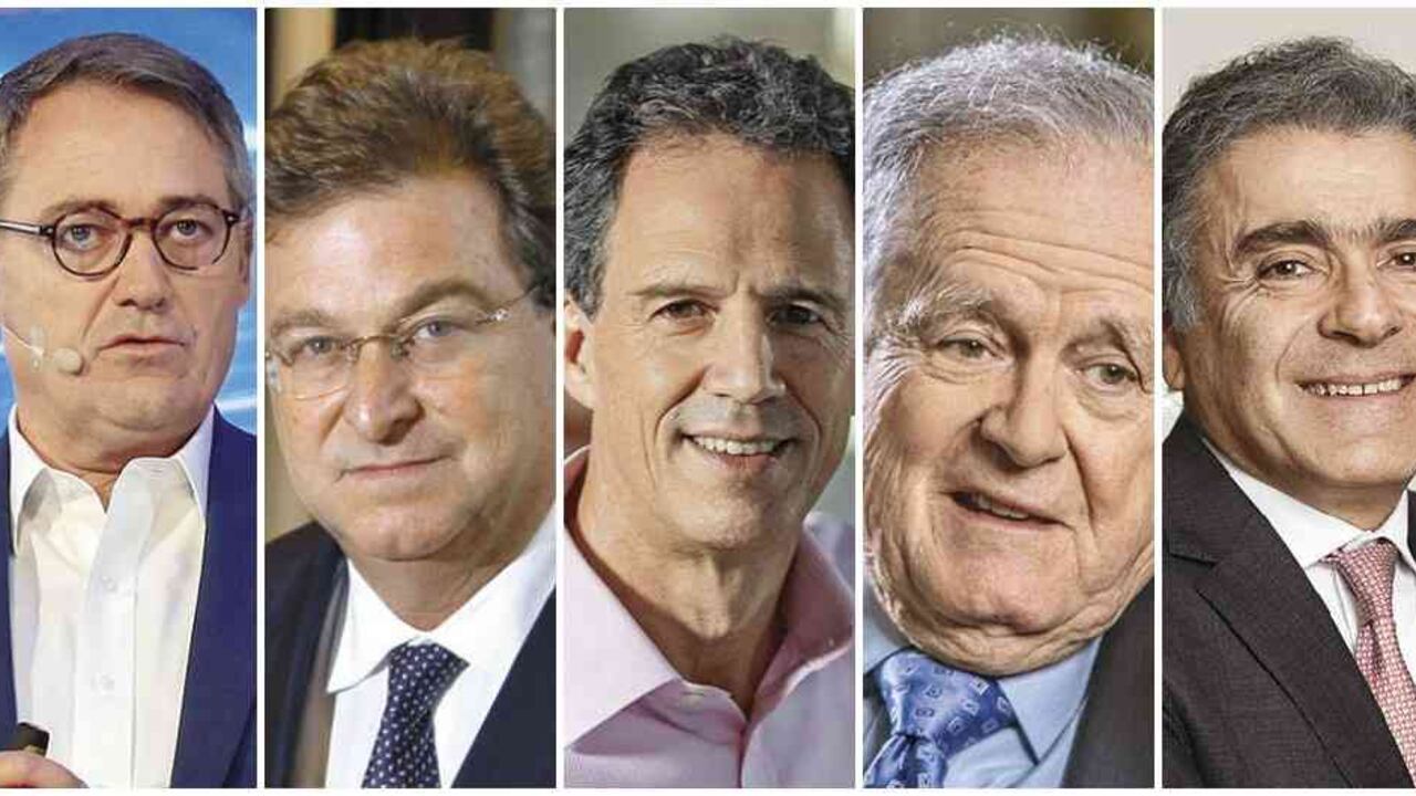 Óscar Cabrera, Presidente de BBVA Colombia; Jaime Gilinski, Presidente del Grupo Gilinski; Miguel Cortés, Presidente del Grupo Bolívar; Luis Carlos Sarmiento, Fundador del Grupo Aval y David Bojanini, Presidente del Grupo Sura.