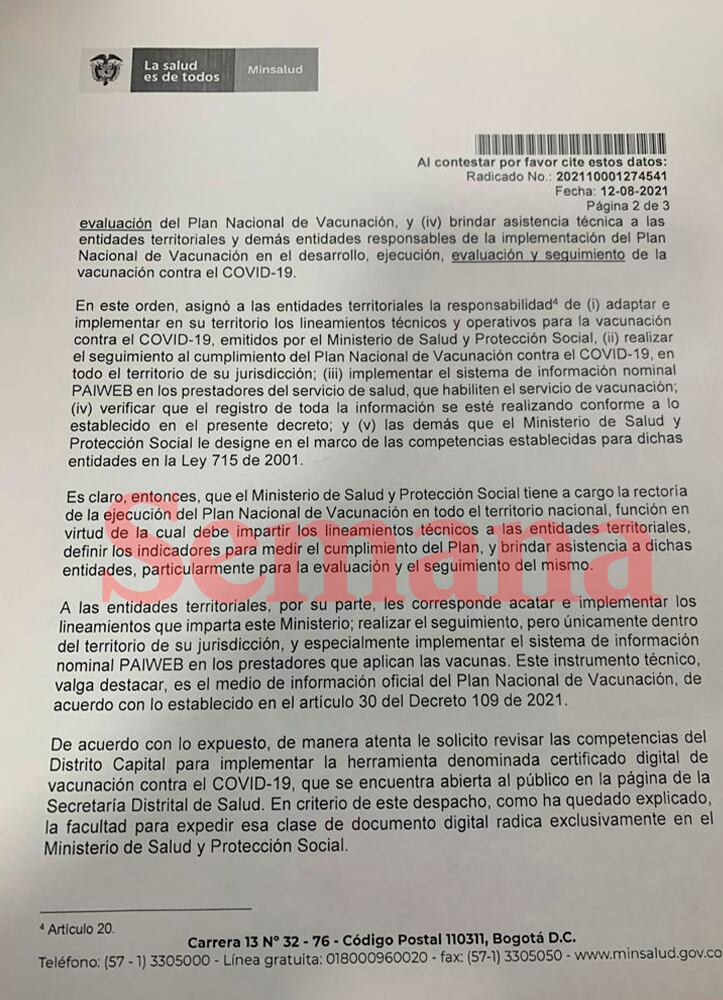 Exclusivo: la carta con que el Gobierno dice que Alcaldía no tiene competencia para expedir certificados digitales de vacunación