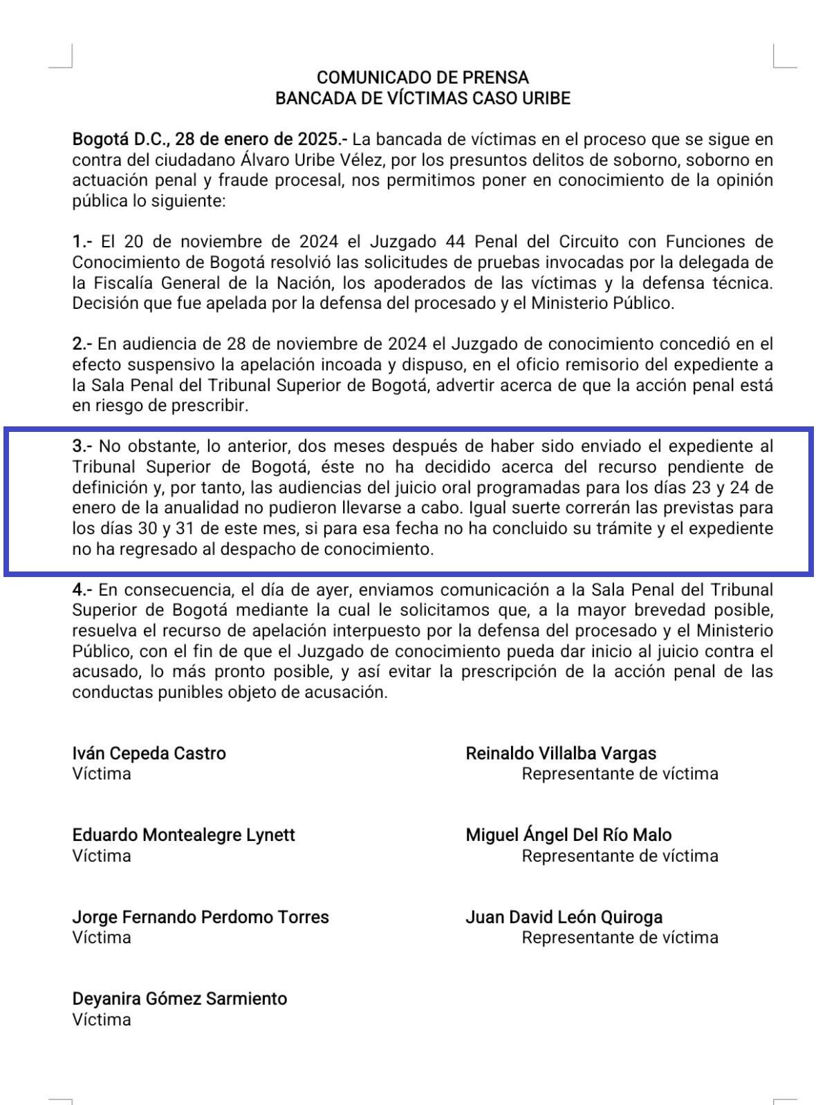Las víctimas reconocidas del caso Uribe le pidieron al Tribunal Superior definir el recurso de apelación.