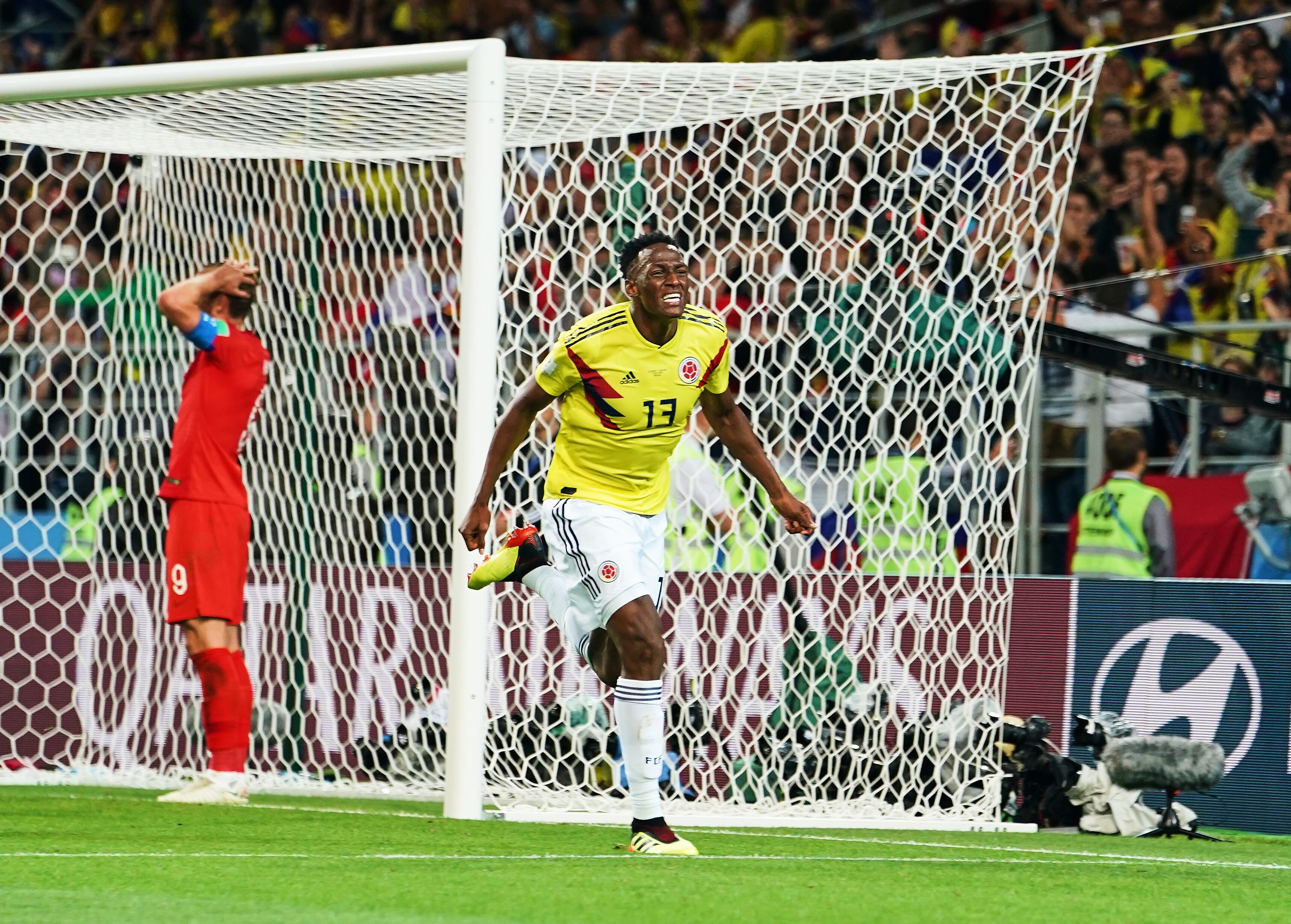 Yerry Mina of Colombia scoring in the 90rd minute to 1-1   during the FIFA World Cup match England versus Colombia  at Spartak Stadium, Moscow, Russia on July 3, 2018. (Photo by Ulrik Pedersen/NurPhoto via Getty Images)