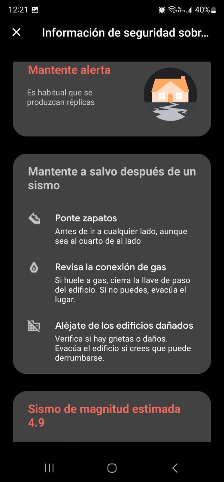 Alerta de Google sobre sismo en Colombia