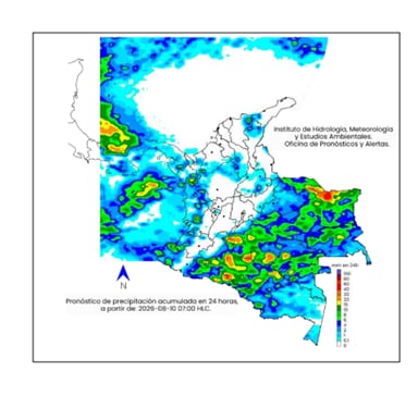 Mapa del clima en Colombia para lunes 10 de agosto.