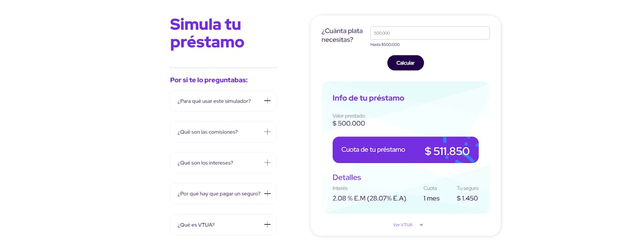 La página de Nequi cuenta con un simulador del préstamo.