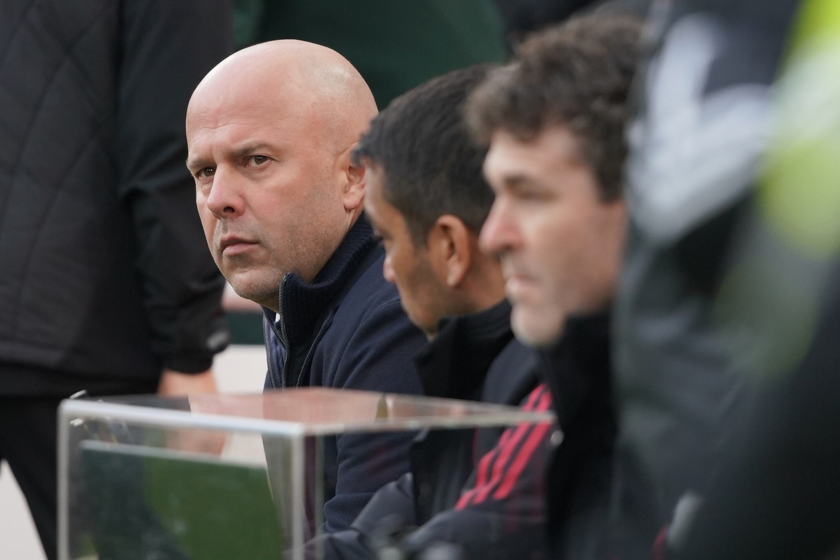 Liverpool's manager Arne Slot waits for the start of the English Premier League soccer match between Liverpool and Nottingham Forest in Liverpool, England, Saturday, Nov. 22, 2025. (AP Photo/Ian Hodgson)