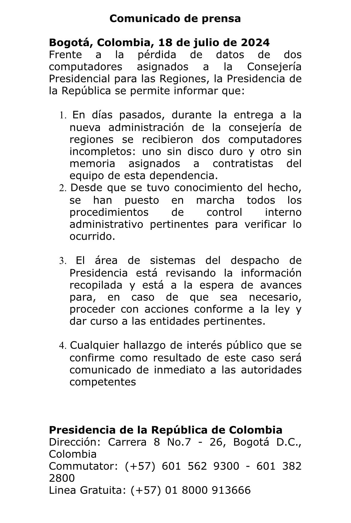 Comunicado Presidencia