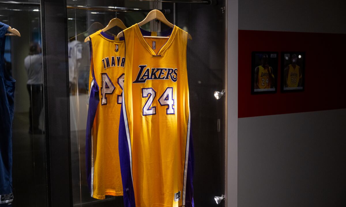 NEW YORK, NEW YORK - SEPTEMBER 06: Kobe Bryant’s game-worn jersey from his final NBA Opening Day is on display during a press preview at Sotheby's on September 06, 2022 in New York City. The Invictus sports auction will be held from September 6-14. (Photo by Getty Images/Alexi Rosenfeld)