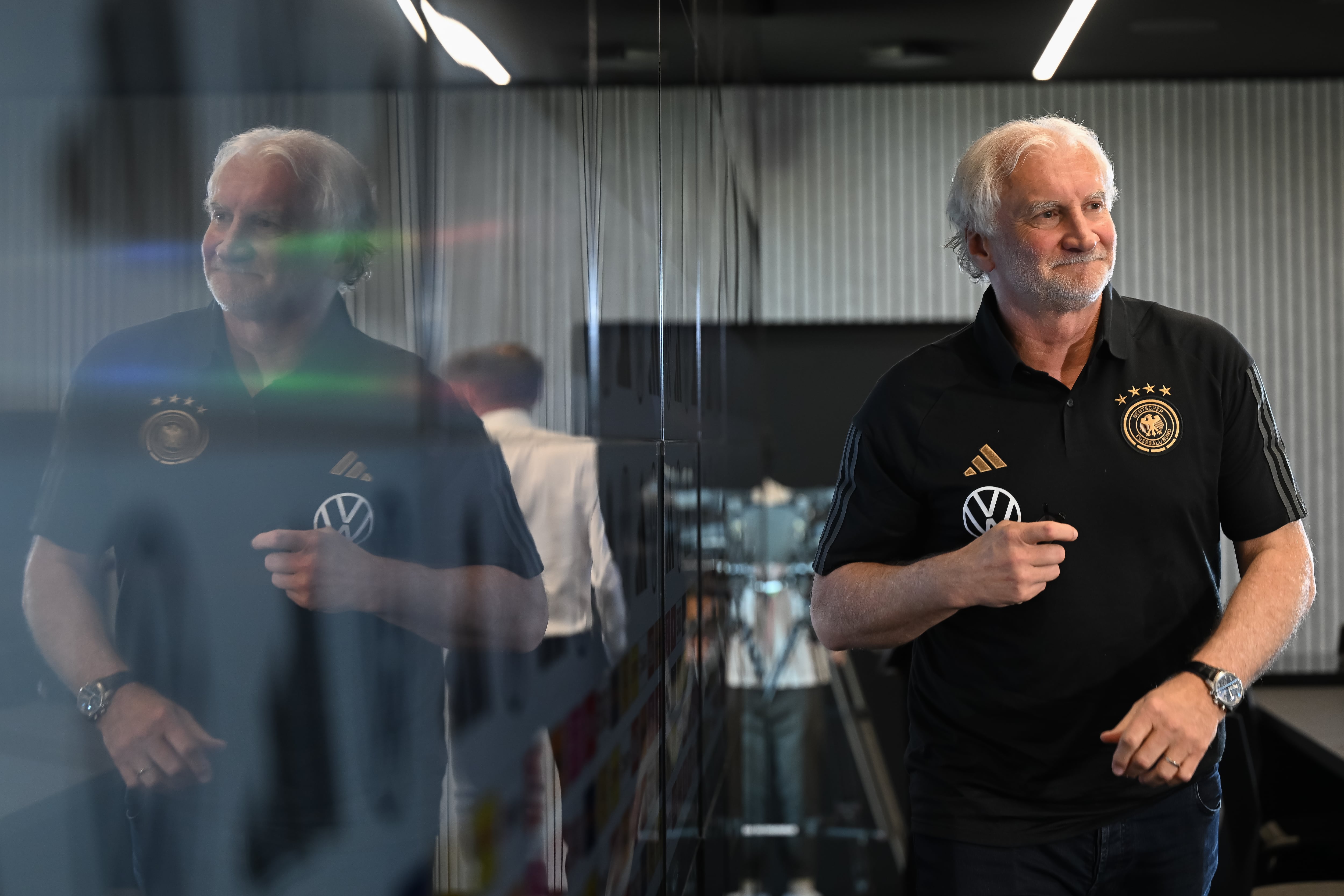 FRANKFURT AM MAIN, GERMANY - JUNE 09: Rudi Voeller, Sports Director of DFB reacts during press conference at DFB-Campus on June 09, 2023 in Frankfurt am Main, Germany. (Photo by Christian Kaspar-Bartke/Getty Images)
