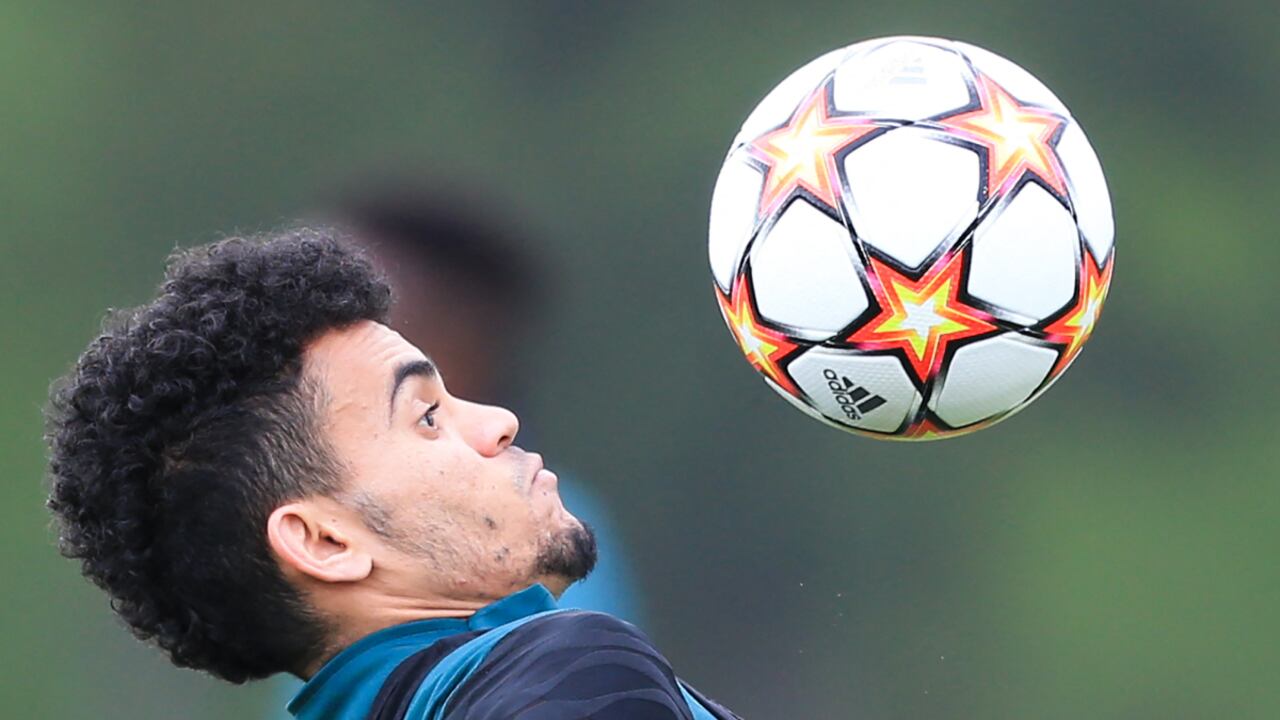 Liverpool's Colombian midfielder Luis Diaz attends a team training session at Anfield Stadium in Liverpool, north west England, on April 26, 2022, on the eve of their UEFA Champions League semi-final first leg football match against Villareal.
AFP/Lindsey Parnaby