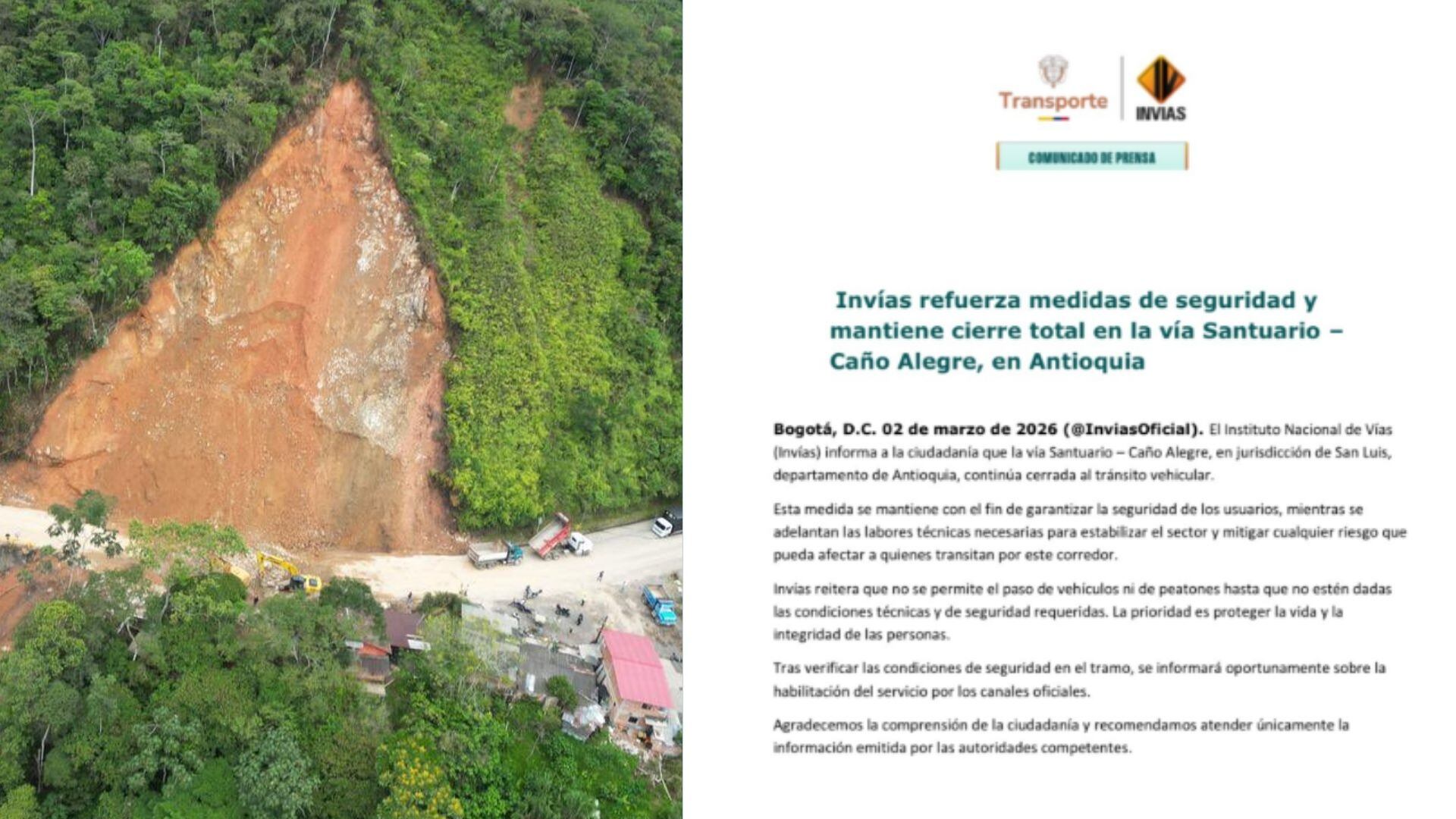 El Instituto Nacional de Vías mantiene el cierre total de la vía Medellín–Bogotá en el sector de San Luis, Antioquia, mientras avanzan las labores de remoción y evaluación del terreno ante el riesgo de nuevos deslizamientos.